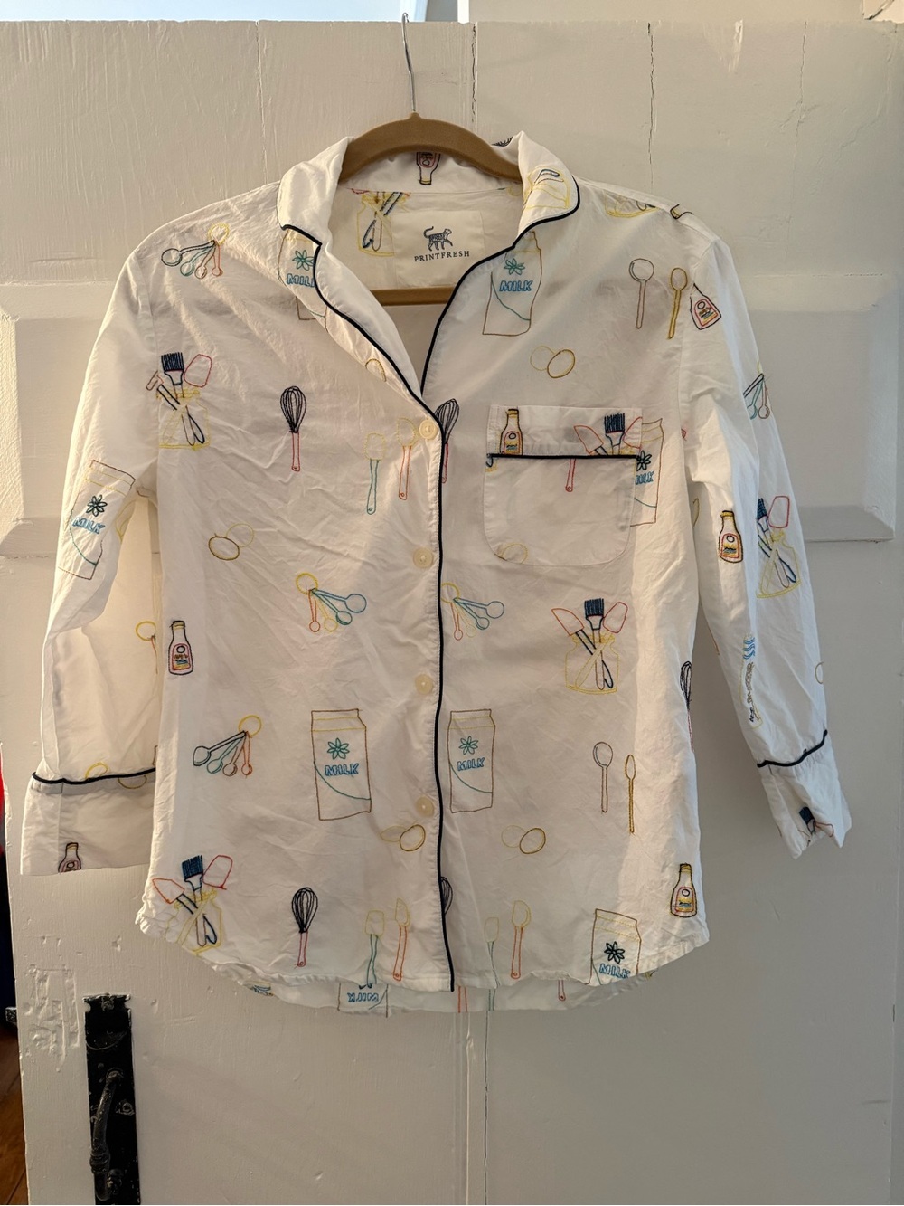 Printfresh White Kitchen Utensil Print Pajama Jacket with Black Piping